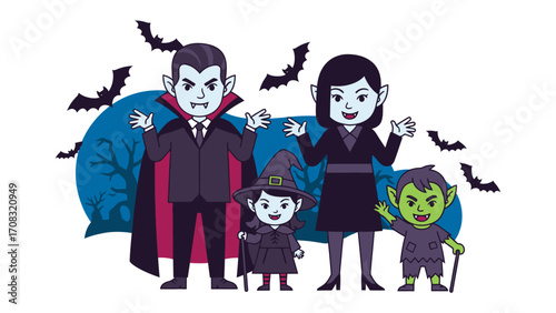 Spooky Halloween Family Portrait: A whimsical depiction of a family embraces the Halloween spirit.