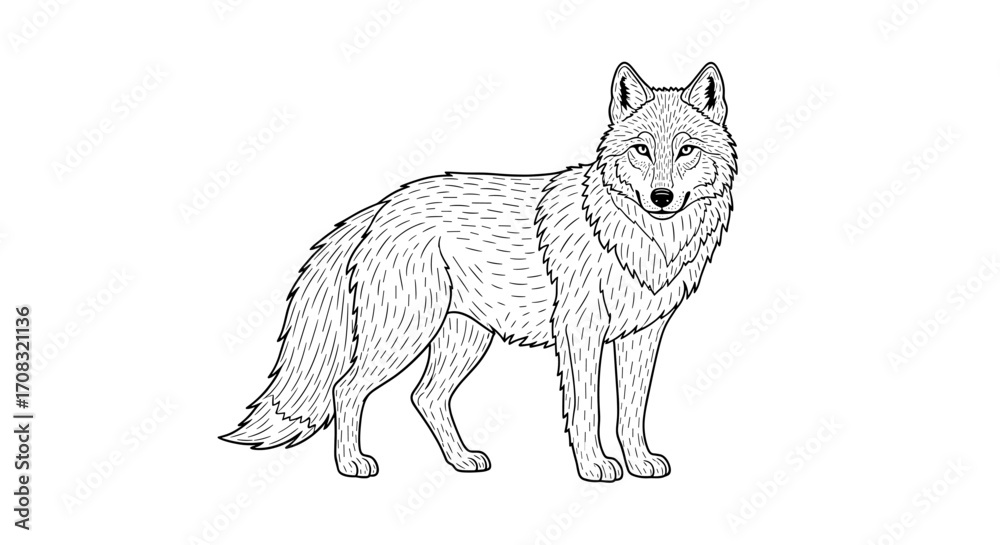 Obraz premium Detailed Wolf Line Art on White Background, Wildlife Animal Design