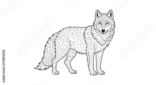 Detailed Wolf Line Art on White Background, Wildlife Animal Design