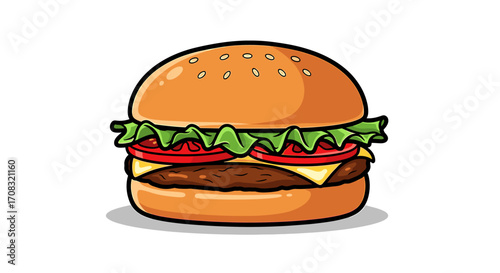 Delicious Cartoon Burger: Classic American Food Illustration on White