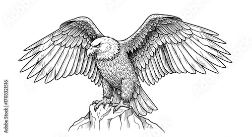 Majestic Eagle Spreading Wings on Mountain, Detailed Black and White Drawing