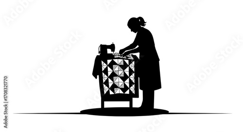 Dedicated artisan skillfully crafting beautiful quilt with sewing machine and intricate fabric patterns