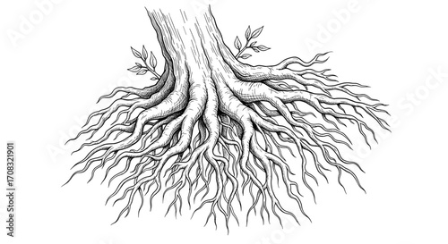 Intricate Black and White Tree Root Illustration with Sprouting Leaves
