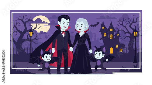 Halloween Vampire Family: A charming, animated vampire family, complete with parents and adorable bat-like children, stands poised against a spooky Halloween backdrop of a full moon, eerie mansion.