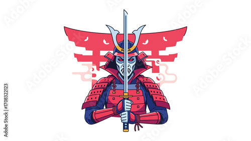 Ronin with Katana: A stylized illustration of a stoic Ronin in full battle armor, holding a katana with unwavering focus, set against a backdrop of traditional Japanese symbolism.