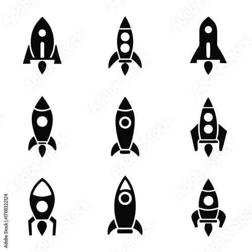 Different rocket designs are artistically arranged on a plain white surface, showing flight readiness