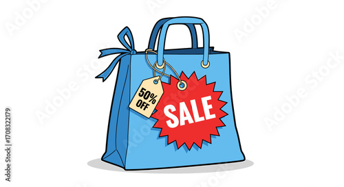Attractive blue shopping bag with sale and discount tags image.