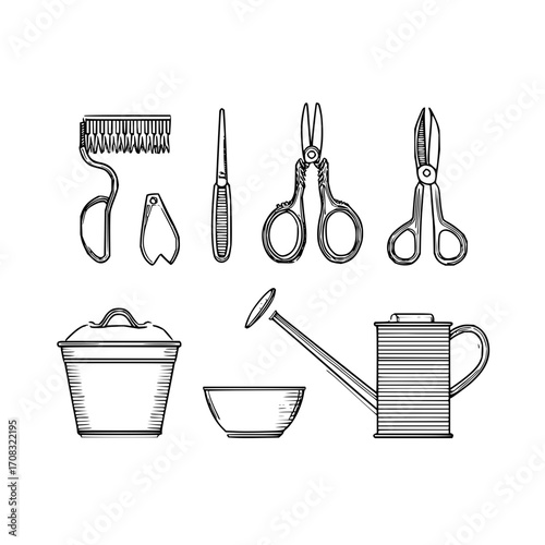 Gardening tools scissors watering can bowl brush and container sketch for garden and plant care design