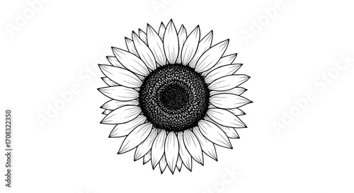 Artistic Sunflower Illustration with Bold Black and White Outline Style