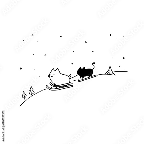 Cute cats winter sledding snow doodle illustration simple drawing kawaii kitten playful feline holiday season fun