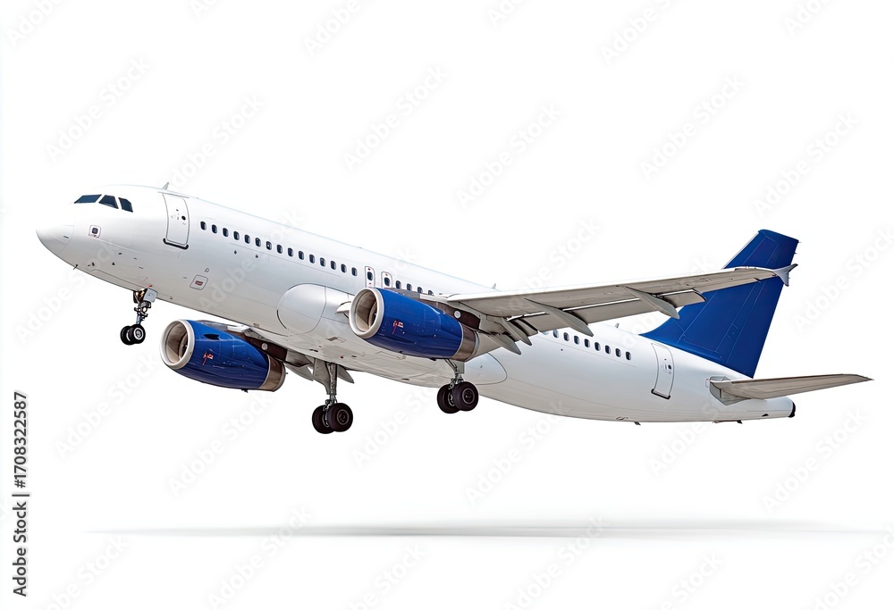 Obraz premium Commercial jet aircraft in flight against white