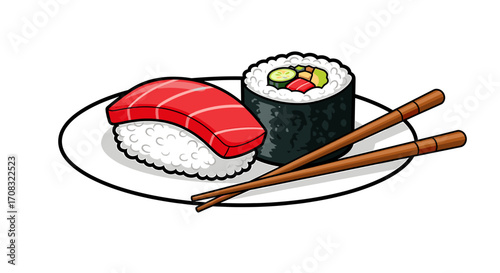 Cartoon Sushi Platter with Nigiri, Maki Roll, and Chopsticks