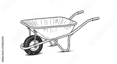 Hand-Drawn Sketch of a Single Wheel Wheelbarrow on White Background
