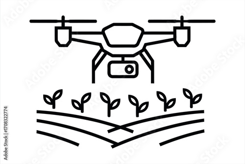 Drone flying over stylized farm fields with growing plants icon quadcopter aerial vehicle