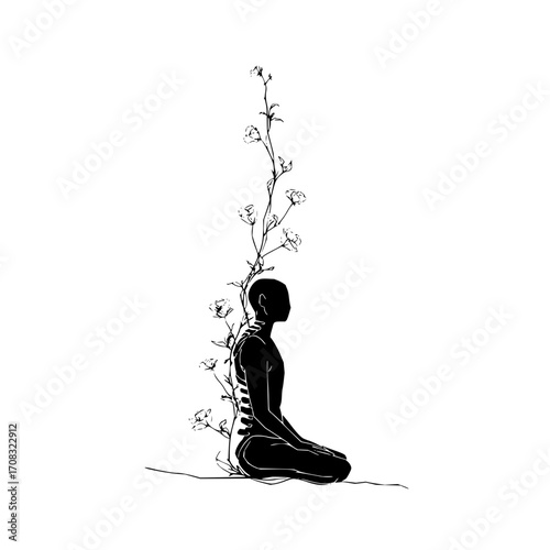 Silhouette meditation growth spine flowers yoga nature black and white art illustration design concept zen peace