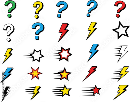 Collection of Cartoon Question Marks, Lightning Bolts, and Star Icons