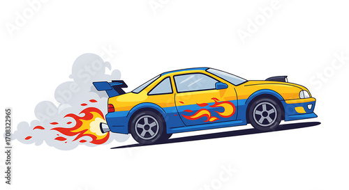 Stylized Racing Car Vector with Flames and Smoke on Transparent Background