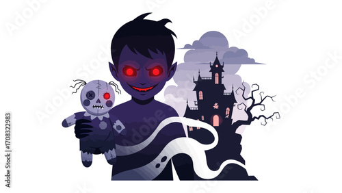 Sinister Child: Illustration of a mysterious figure of a child, dark form with glowing red eyes and a creepy doll, against a silhouette of a haunted house.
