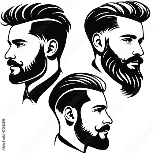 Bearded men with slickedback hair are presented in monochrome profile portraits in simple format