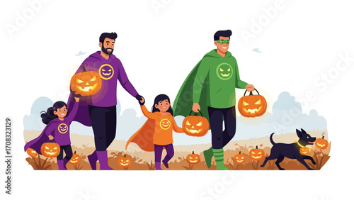 Family Halloween: a heartwarming Halloween scene depicting a family dressed in superhero costumes, eagerly walking through a field of pumpkins, capturing the spirit of joy and togetherness.
