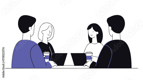 Four People Sitting at a Table with Laptops and Cups meeting collaboration
