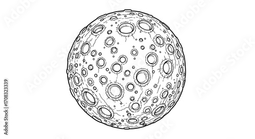 Detailed Lunar Surface: Hand-Drawn Moon with Craters Illustration