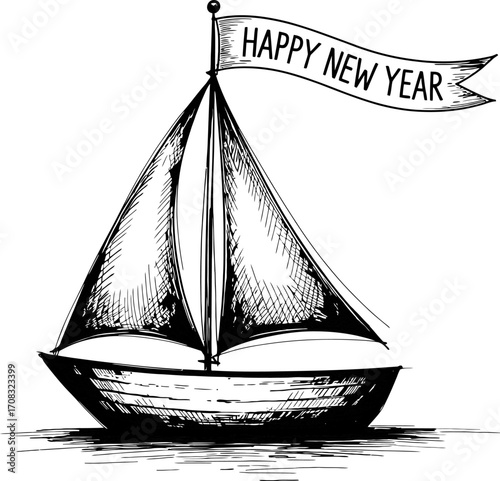 Happy New Year sailboat graphic design illustration