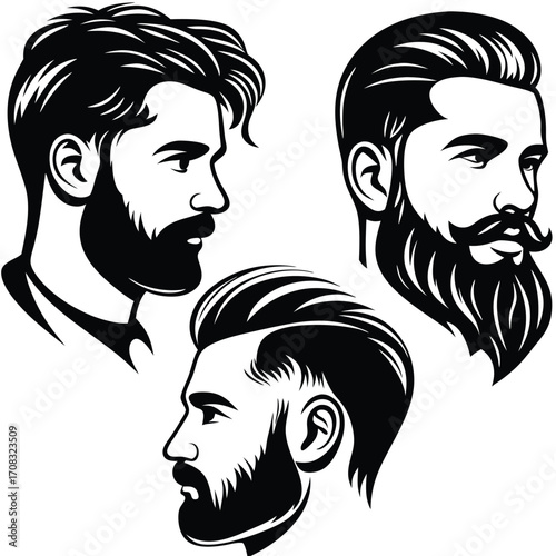 Black portraits showcase stylish bearded men with distinct haircuts on a white background