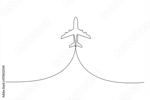 Single line drawing of an airplane flying upwards with two trails aircraft travel