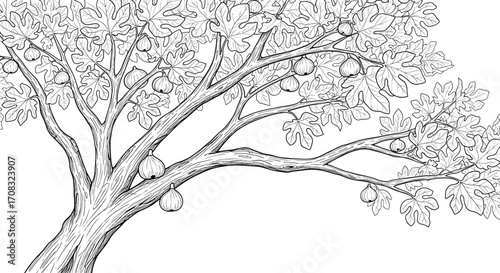 Elegant fig tree illustration with detailed leaves and fruit