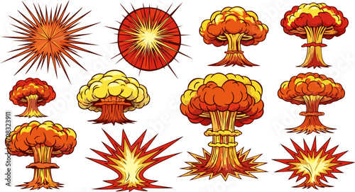 Collection of Explosions and Blast Effects Depicted in a Vibrant, Stylized Illustration Style