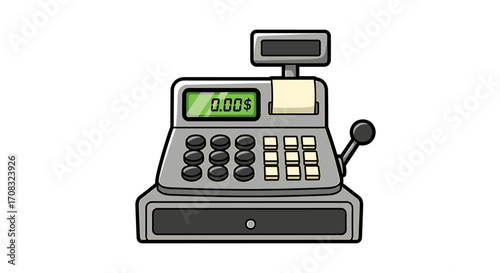 Retro Cash Register Cartoon Illustration with Blank Amount Screen