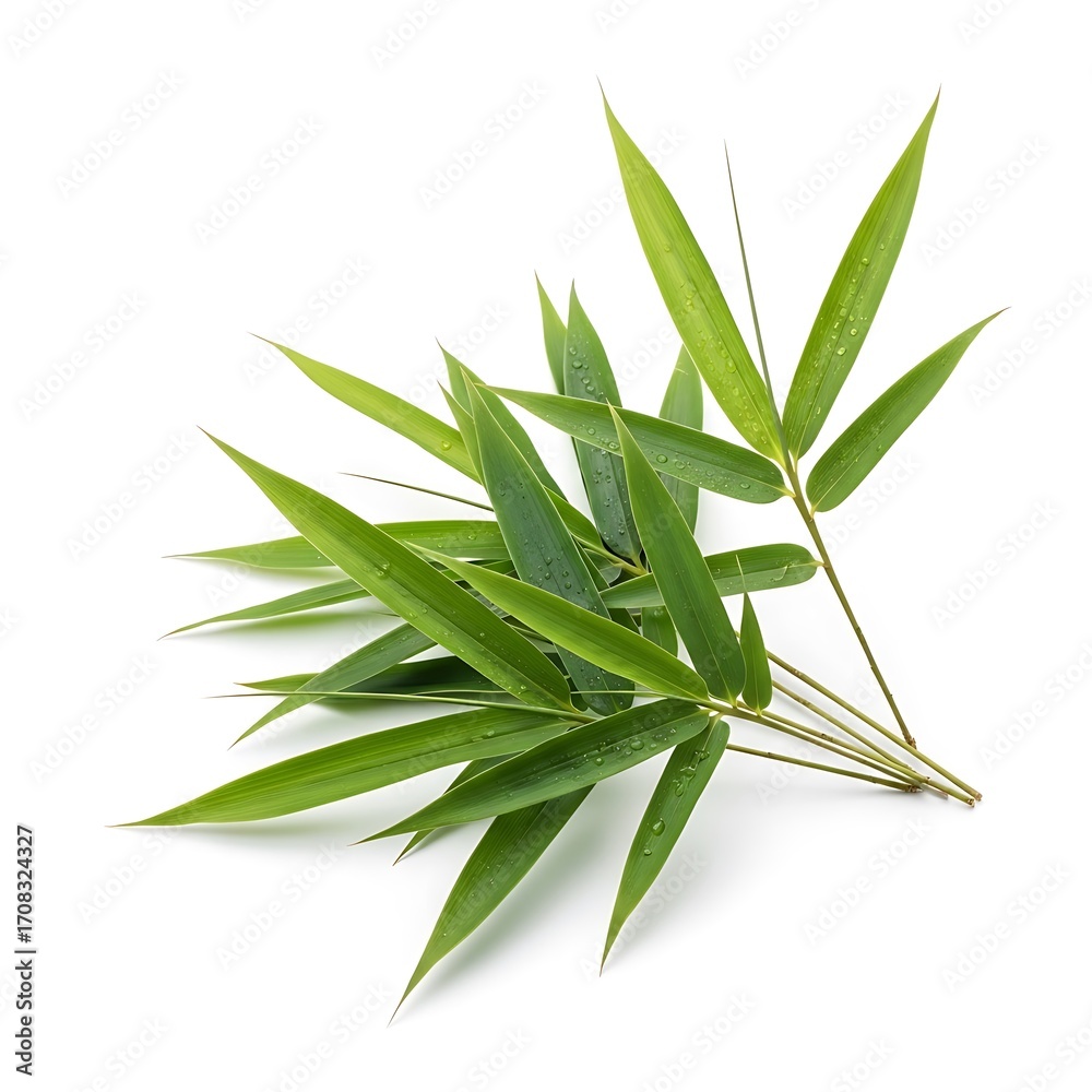 Fototapeta premium Fresh bamboo leaves, vibrant green and glistening with water droplets, are arranged artfully against a pure white background.