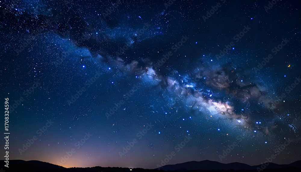 Fototapeta premium A starry night sky with bright stars, clouds, and a faint nebula, illuminating the dark universe