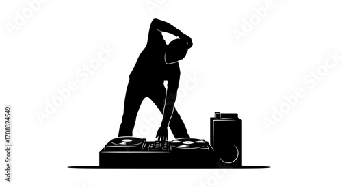 Dynamic DJ silhouette mixing beats at turntables creating energetic club atmosphere