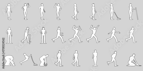 Collection of stylized human figure outlines depicting various actions and poses on a neutral background