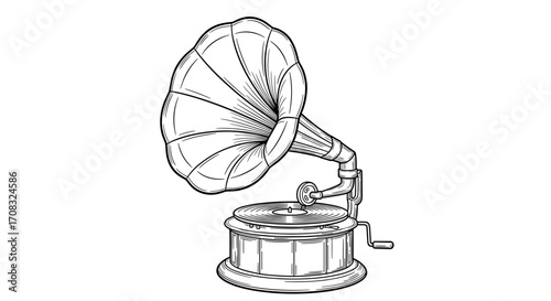 Vintage gramophone detailed line art drawing on white background.