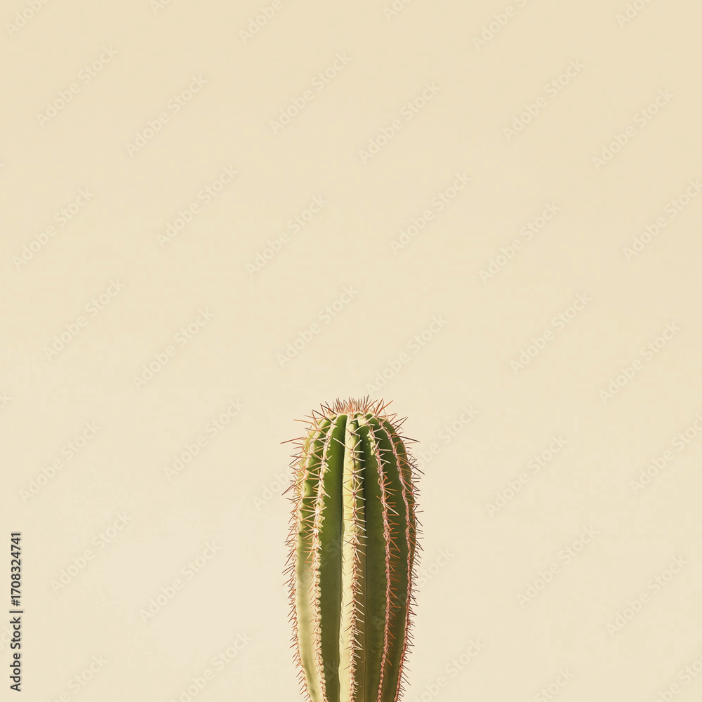 Naklejka premium A single green cactus with sharp spines stands against a smooth beige background, minimalist with ample negative space.