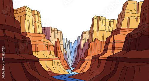 Colorful Cartoon Grand Canyon Landscape with River View Illustration