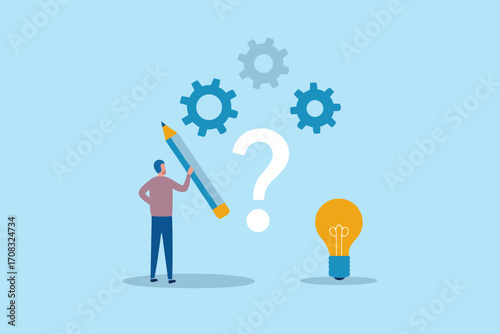 Man with pencil and question mark contemplating gears and a lightbulb representing problem solving and innovation