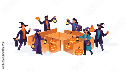 Halloween Gathering: A group of individuals, costumed and illuminated by lanterns, convene amid festive pumpkin decorations, creating an enchanting atmosphere.