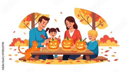 Autumn Family Pumpkin Carving: A heartwarming illustration of a family gathered together in the autumnal atmosphere, joyfully carving pumpkins, celebrating the spirit of the season. 