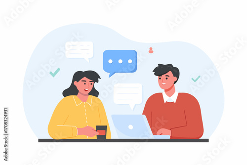 Two colleagues collaborate and communicate using a laptop and mobile phone with speech bubbles above them