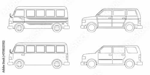 Collection of line art illustrations of two different types of passenger vans and suvs shown in profile view