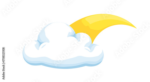 Cute cartoonish cloud partially obscuring a yellow crescent shape