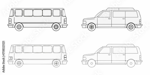 Collection of outline drawings of a bus and a station wagon in side profile
