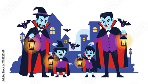 Spooky Halloween Gathering: In a vividly drawn illustration, two pairs of vampire figures, a father and child in each group, stand together in a night scene with bats flying, lantern.