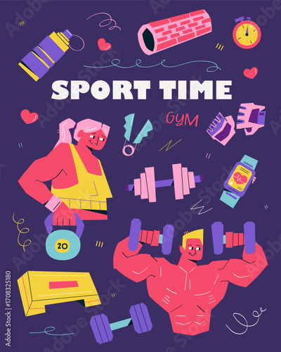 Vector fitness poster with sport time concept. Strong man and woman with dumbbells, gym equipment, water bottle, step platform, stopwatch and accessories on dark background