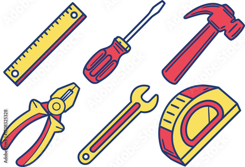 A colorful collection of hand tools, including a ruler, screwdriver, hammer, pliers, vector Illustration