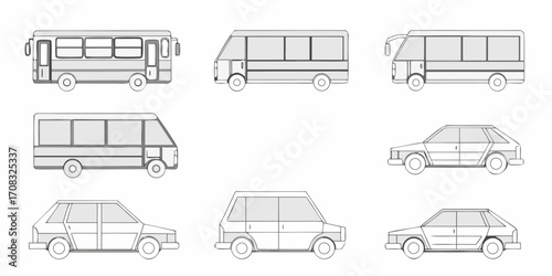 Collection of simple line art illustrations of various buses and cars in profile view